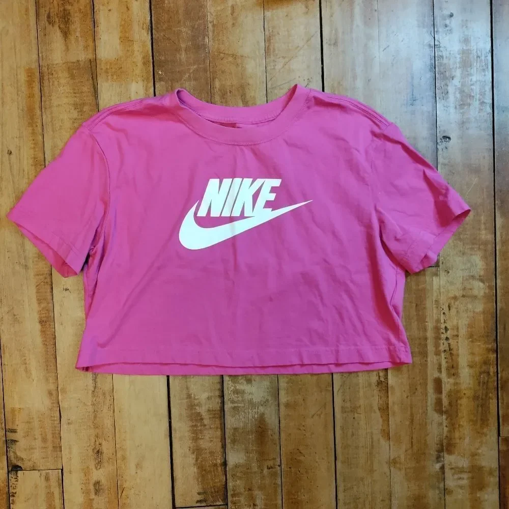 Nike small womens pink crop short sleeve shirt cotton spring athletic Youth XL